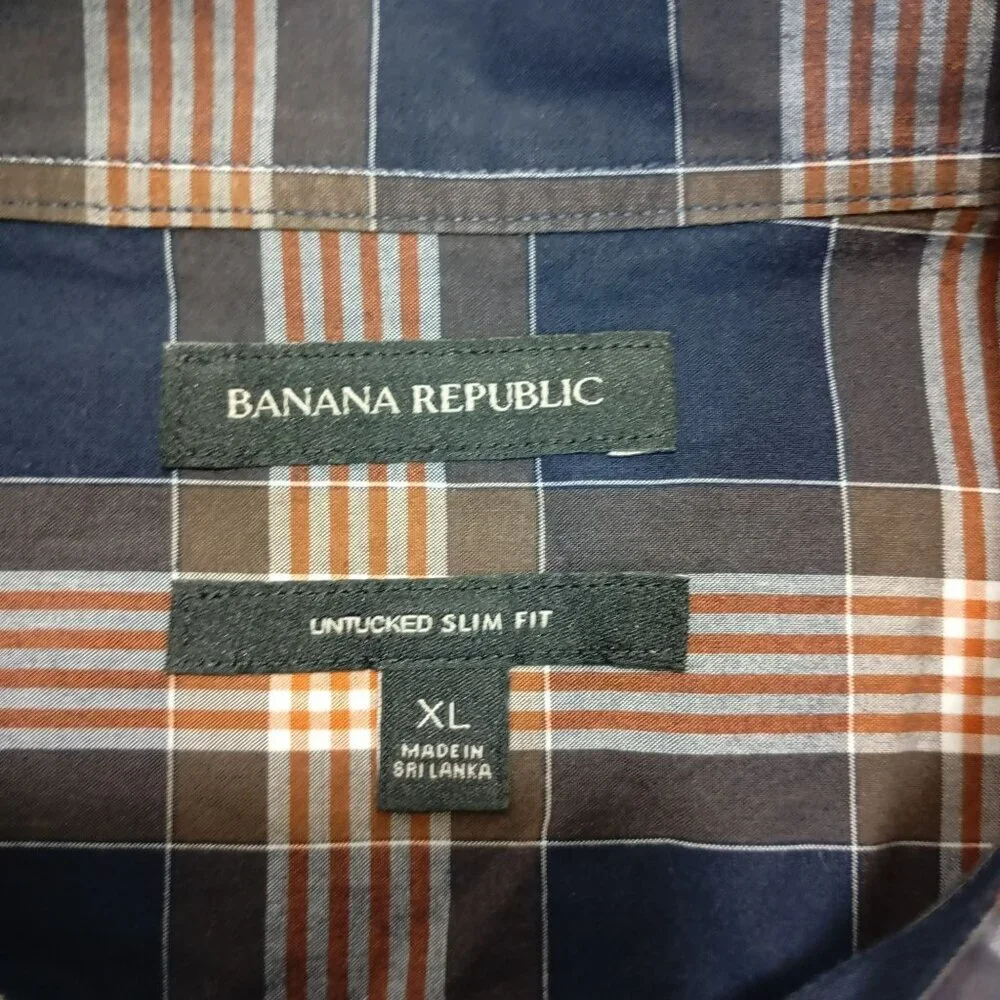Banana Republic Dress Shirt Mens Untucked Slim Fit Plaid Size XL 100% Cotton